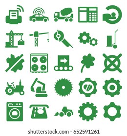 Machine icons set. set of 25 machine filled icons such as gear, tractor, police car, construction crane, clover, atm money withdraw, no wash, cooker, no dry cleaning