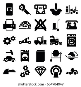 Machine icons set. set of 25 machine filled icons such as tractor, forklift, atm money withdraw, diamond, car wash, no bleaching, printer, gear, excavator, concrete mixer