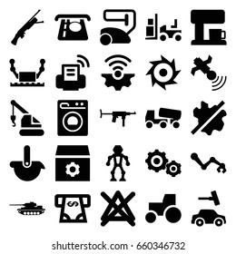 Machine icons set. set of 25 machine filled icons such as atm money withdraw, vacuum cleaner, no wash, car wash, no bleaching, gear, tractor, crane, concrete mixer, forklift