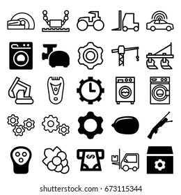 Machine icons set. set of 25 machine filled and outline icons such as electric razor, lemon, atm money withdraw, gear, clock in gear, washing machine, meat grinder