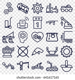 Machine Icons Set. Set Of 25 Machine Outline Icons Such As Gear, Tractor, Slot Machine, Atm Money Withdraw, Lottery, No Dry Cleaning, Construction Crane, Drill, Crane