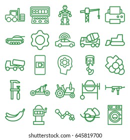 Machine icons set. set of 25 machine outline icons such as vending machine, police car, forklift, tractor, banana, grape, printer, construction crane, concrete mixer