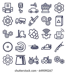 Machine icons set. set of 25 machine outline icons such as forklift, tractor, slot machine, grape, car wash, blade saw, excavator, concrete mixer, chain saw, mri