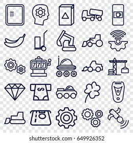 Machine icons set. set of 25 machine outline icons such as atm, construction crane, electric razor, clover, atm money withdraw, banana, diamond, excavator, tractor