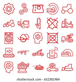 Machine Icons Set. Set Of 25 Machine Outline Icons Such As Police Car, Slot Machine, Atm Money Withdraw, No Wash, No Dry Cleaning, Gear In Head, Excavator, Tractor, Crane