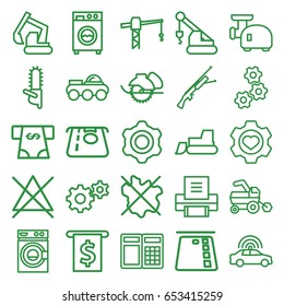 Machine icons set. set of 25 machine outline icons such as police car, tractor, atm money withdraw, no wash, washing machine, no bleaching, construction crane, gear, excavator