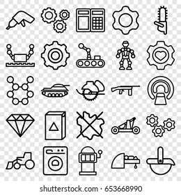 Machine icons set. set of 25 machine outline icons such as diamond, slot machine, no wash, drill, excavator, electric saw, chainsaw, mri, heart in gear, gear