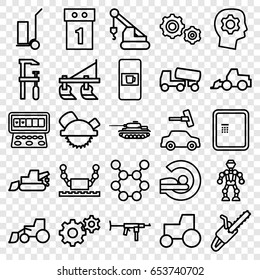 Machine icons set. set of 25 machine outline icons such as vending machine, atm, tractor, car wash, gear, saw blade, excavator, crane, concrete mixer, chainsaw, cart cargo