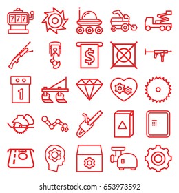 Machine Icons Set. Set Of 25 Machine Outline Icons Such As Atm, Tractor, Slot Machine, Atm Money Withdraw, Diamond, No Dry Cleaning, Gear, Blade Saw, Crane, Electric Saw