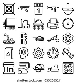 Machine icons set. set of 25 machine outline icons such as vacuum cleaner, washing machine, cooker, no dry cleaning, printer, blade saw, tractor, electric saw, chainsaw