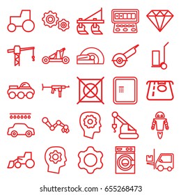 Machine Icons Set. Set Of 25 Machine Outline Icons Such As Atm, Tractor, Atm Money Withdraw, Diamond, Slot Machine, Car Wash, No Dry Cleaning, Gear In Head, Construction Crane