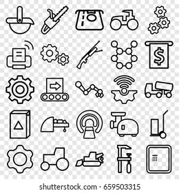 Machine icons set. set of 25 machine outline icons such as atm, atm money withdraw, washing machine, excavator, tractor, concrete mixer, chainsaw, cart cargo, chain saw, mri
