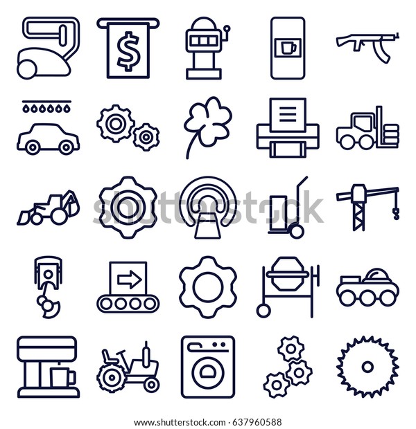 Machine icons set. set\
of 25 machine outline icons such as vending machine, forklift,\
tractor, clover, vacuum cleaner, car wash, blade saw, construction\
crane, concrete mixer