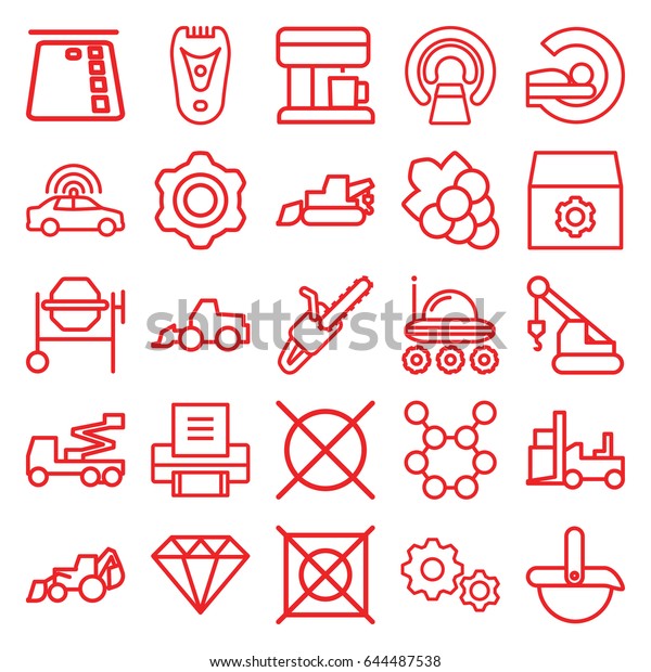 Machine icons set. set of\
25 machine outline icons such as police car, electric razor, grape,\
diamond, no dry cleaning, gear, excavator, concrete mixer, crane,\
forklift