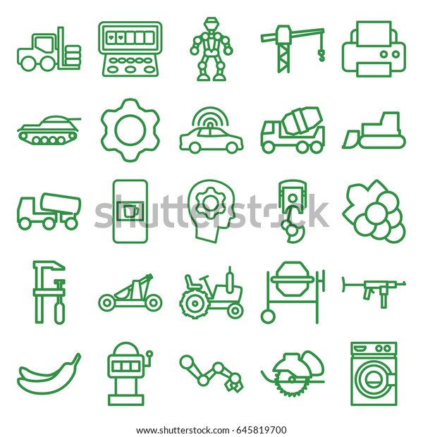 Machine icons set. set of 25\
machine outline icons such as vending machine, police car,\
forklift, tractor, banana, grape, printer, construction crane,\
concrete mixer