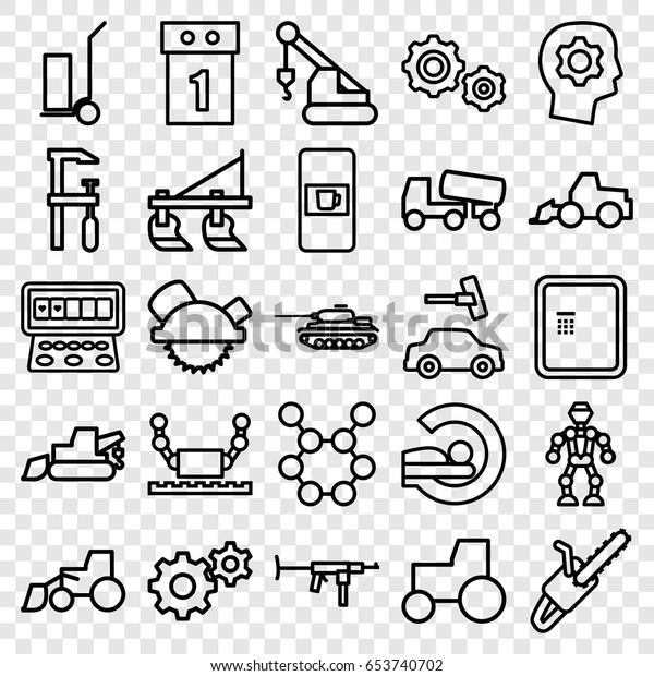 Machine icons set. set of 25\
machine outline icons such as vending machine, atm, tractor, car\
wash, gear, saw blade, excavator, crane, concrete mixer, chainsaw,\
cart cargo