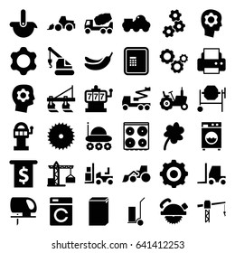 Machine icons set. set of 36 machine filled icons such as tractor, atm, construction crane, clover, banana, cooker, printer, blade saw, concrete mixer, saw blade, excavator