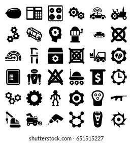 Machine Icons Set. Set Of 36 Machine Filled Icons Such As Gear, Tractor, Police Car, Atm, Electric Razor, Lemon, Lottery, Slot Machine, Cooker, No Bleaching, No Dry Cleaning