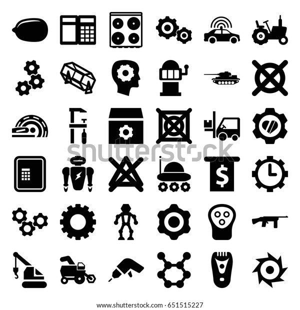 Machine icons set.\
set of 36 machine filled icons such as gear, tractor, police car,\
atm, electric razor, lemon, lottery, slot machine, cooker, no\
bleaching, no dry\
cleaning