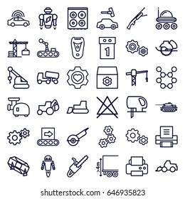 Machine icons set. set of 36 machine outline icons such as police car, construction crane, electric razor, lottery, car wash, cooker, no bleaching, gear, printer, excavator