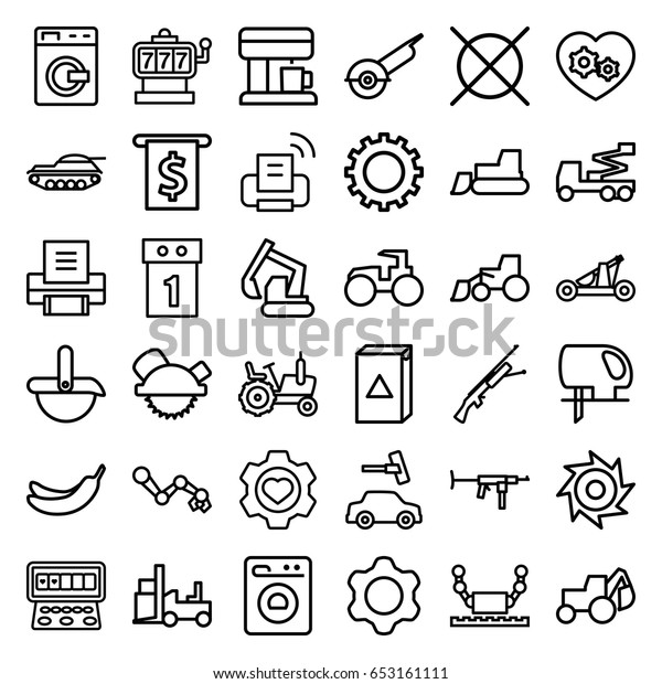 Machine icons set. set of\
36 machine outline icons such as washing machine, gear, tractor,\
banana, car wash, no dry cleaning, saw blade, excavator, crane,\
electric saw
