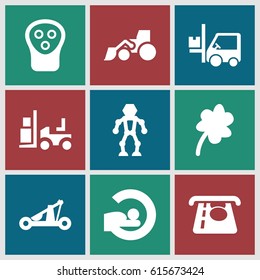 Machine icons set. set of 9 machine filled icons such as electric razor, Clover, ATM money withdraw, excavator, forklift, MRI, catapult