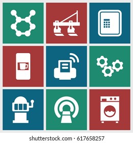 Machine icons set. set of 9 machine filled icons such as tractor, atm, MRI, printer, gear