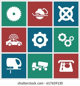 Machine icons set. set of 9 machine filled icons such as police car, ATM money withdraw, no dry cleaning, blade saw, concrete mixer, electric saw, gear