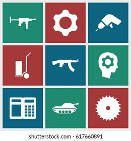 Machine icons set. set of 9 machine filled icons such as blade saw, drill, cart cargo, gear, gear in head, tank, submachine gun