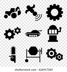 Machine icons set. set of 9 machine filled icons such as gear, Slot machine, concrete mixer, excavator, chainsaw, satellite, gear    sign symb