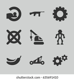 Machine icons set. set of 9 machine filled icons such as gear, banana, no dry cleaning, crane, mri, catapult, submachine gun