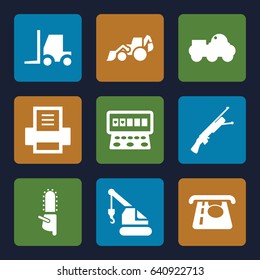 Machine icons set. set of 9 machine filled icons such as atm money withdraw, slot machine, excavator, tractor, crane, chainsaw, printer, robot