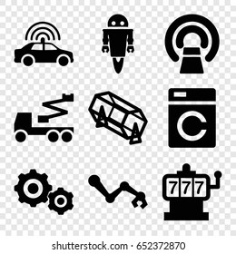 Machine icons set. set of 9 machine filled icons such as police car, lottery, crane, mri, gear    sign symb, robot