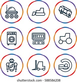 machine icons set. Set of 9 machine outline icons such as lottery, tractor, MRI