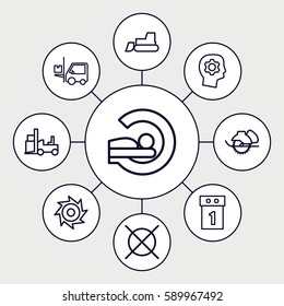 machine icons set. Set of 9 machine outline icons such as no dry cleaning, tractor, electric saw, forklift, MRI, saw, washing machine on sale