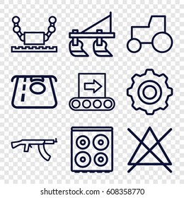 Machine icons set. set of 9 machine outline icons such as tractor, ATM money withdraw, cooker, no bleaching, gear    sign symb, conveyor, submachine gun