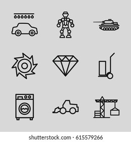 Machine icons set. set of 9 machine outline icons such as construction crane, Diamond, car wash, excavator, cart cargo, washing machine, saw, tank