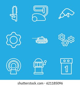 Machine icons set. set of 9 machine outline icons such as vacuum cleaner, drill, chainsaw, MRI, gear