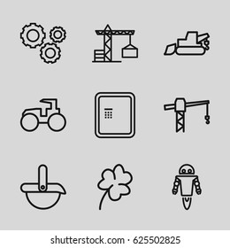 Machine icons set. set of 9 machine outline icons such as atm, construction crane, Clover, excavator, tractor, gear