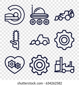 Machine icons set. set of 9 machine outline icons such as excavator, forklift, chainsaw, mri, gear heart, gear, gear    sign symb