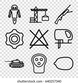 Machine icons set. set of 9 machine outline icons such as construction crane, electric razor, lemon, no bleaching, electric saw, robot, tank, submachine gun
