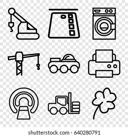 Machine icons set. set of 9 machine outline icons such as forklift, clover, washing machine, printer, construction crane, crane, mri, robot