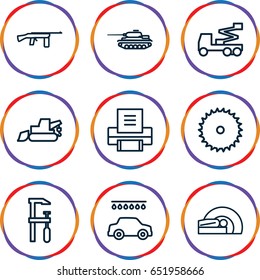 Machine icons set. set of 9 machine outline icons such as car wash, blade saw, excavator, crane, chainsaw, mri, printer, tank