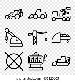 Machine Icons Set. Set Of 9 Machine Outline Icons Such As Slot Machine, No Dry Cleaning, Construction Crane, Excavator, Crane