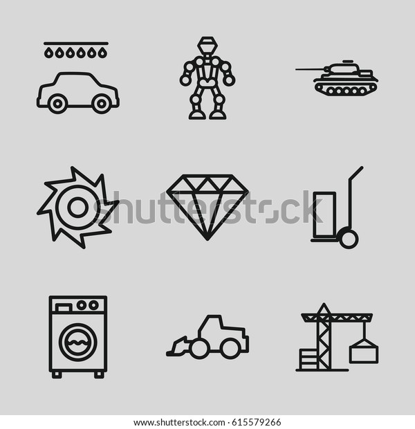 Machine icons set. set of 9 machine outline\
icons such as construction crane, Diamond, car wash, excavator,\
cart cargo, washing machine, saw,\
tank