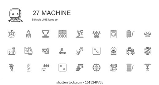 machine icons set. Collection of machine with airship, roulette, industrial robot, dice, conveyor, detergent, plumber, candy machine, treadmill. Editable and scalable icons.