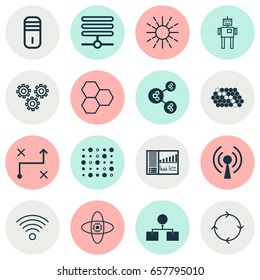 Machine Icons Set. Collection Of Analysis Diagram, Cyborg, Wireless Communications And Other Elements. Also Includes Symbols Such As Communication, Data, Computer.