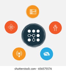 Machine Icons Set. Collection Of Atomic Cpu, Cyborg, Radio Waves And Other Elements. Also Includes Symbols Such As Toy, Network, Panel.