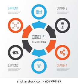 Machine Icons Set. Collection Of Branching Program, Algorithm Illustration, Wireless Communications And Other Elements. Also Includes Symbols Such As Pattern, Algorithm, Mainframe.
