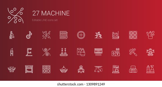 machine icons set. Collection of machine with coffee maker, industrial robot, robot, washing machine, oven, industry, air conditioner, detergent. Editable and scalable icons.